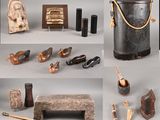 several different pictures of various items including a bucket, a bench, and other items