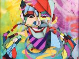 tableau représentant un clown en train de fumer une cigarette devant un fond coloré