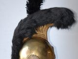 a gold helmet with a black feather on top of it