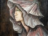 painting of a woman in a red dress and a white hat