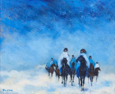 une peinture à l'huile représentant un groupe de personnes à cheval dans la neige