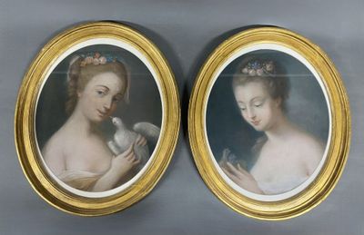 two framed portraits of a woman holding a bird and a bird in her hand