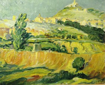 une peinture à l'huile représentant un paysage avec une colline en arrière-plan
