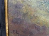an oil painting of a boat in a body of water on a beach
