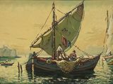 a painting of a boat with people on it in the water