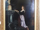 une peinture à l'huile représentant une femme avec un chien dans une pièce