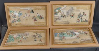 quatre tableaux asiatiques encadrés représentant des personnages et des animaux sur fond noir