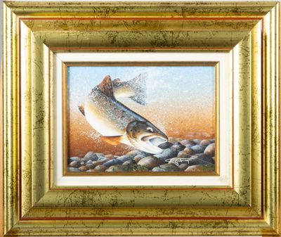 une peinture représentant un poisson sautant hors de l'eau