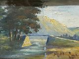 an oil painting of a landscape with a river and a mountain in the background