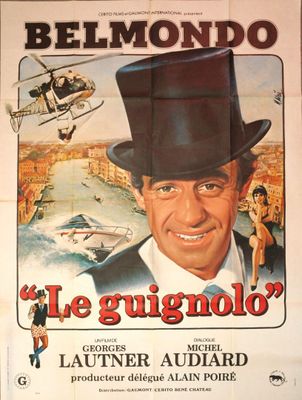 movie poster for the film le giginoo, with a man in a top hat and a helicopter