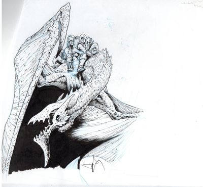 dessin représentant un dragon assis sur une feuille de papier