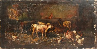 tableau représentant un groupe de vaches et de poules dans une étable