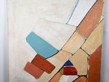 abstract painting of orange, blue, white, and red shapes on a white background
