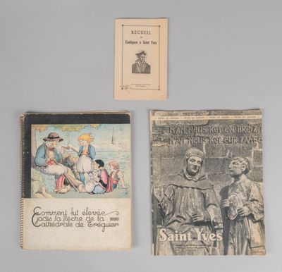 three books on a table with a drawing of a man and a woman