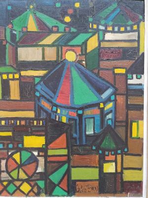 une image représentant une peinture d'une ville avec des bâtiments et une tour horloge