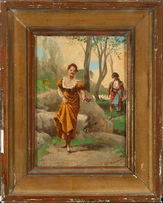 an old painting of a woman walking down a dirt road
