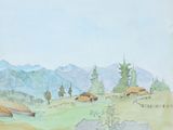 une aquarelle représentant un petit village de montagne