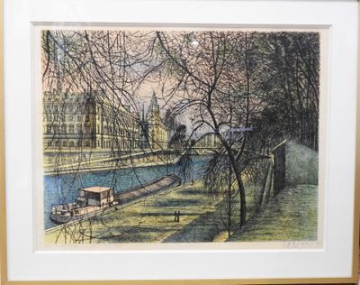 framed picture of a painting of a boat on a river in a park