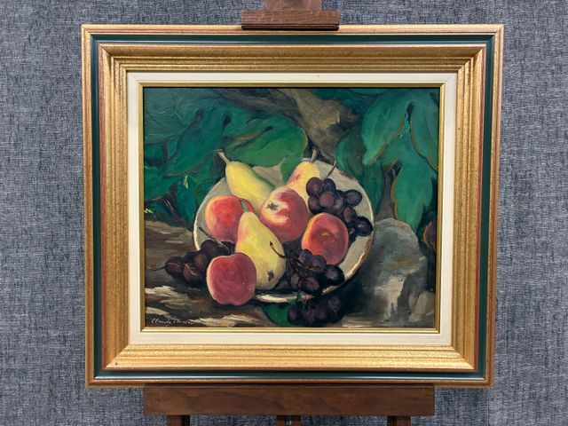 Claude CHEREAU « Nature morte aux fruits à l'assiette ». Huile su...