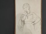 drawing of a woman in a white dress with a rosary in her hand