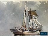 a painting of a sailboat sailing in the ocean