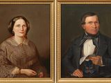 two portraits of a man and a woman are shown in a gold frame