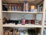 a wooden shelf with many different items on it