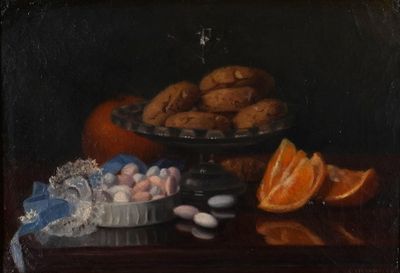 a painting of a bowl of cookies and oranges on a table