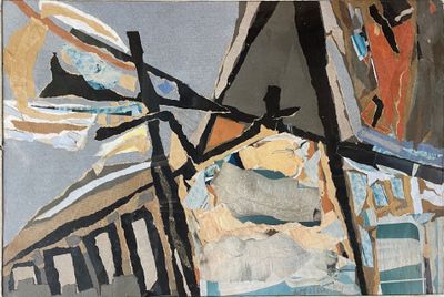 peinture abstraite représentant un bâtiment surmonté d'une horloge