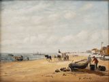 a painting of people on the beach with horses and a boat