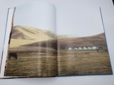 an open book with a picture of a horse in a field