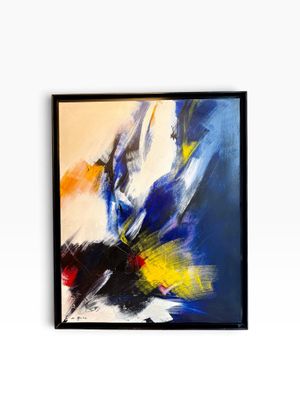 peinture abstraite représentant des fleurs bleues, jaunes et blanches, dans un cadre noir