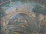 a painting of a bridge over a river with a man on it