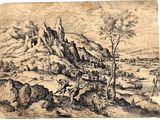 a drawing of a mountain landscape with a village in the distance