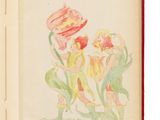 an open book with a drawing of two children and a flower