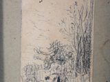 a picture of a drawing of a man and a dog in a park