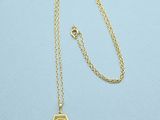a gold necklace with a small coin on a chain