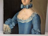 painting of a woman in a blue dress with a blue bow tie