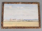 an oil painting of a farm scene with a barn in the distance