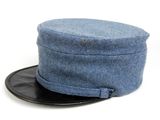 blue wool hat with black leather band