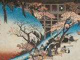 un tableau représentant un groupe de personnes assises sur un pont