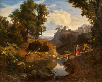 une image représentant un tableau où l'on voit un homme et une femme à cheval au bord d'une rivière