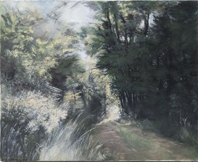 une peinture à l'huile représentant un sentier traversant une forêt, avec de hautes herbes et des arbres