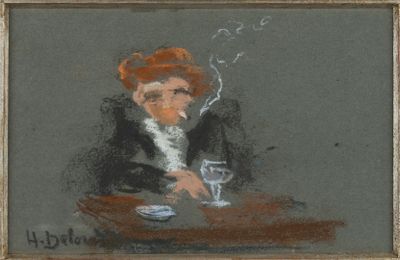 an image of a painting of a man sitting at a table with a cigarette in his mouth
