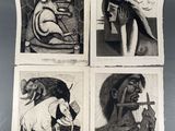 four black and white drawings of people and animals on a table