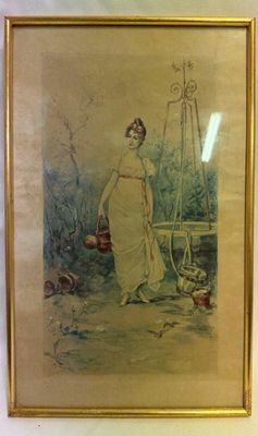 tableau représentant une femme en robe blanche tenant un panier de fleurs