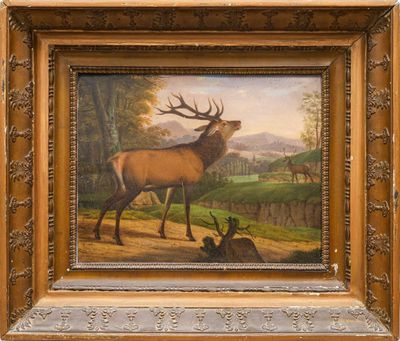 une peinture à l'huile représentant un cerf et une biche dans un décor boisé