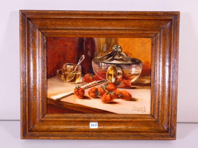 painting of a still life of strawberries and silverware on a table