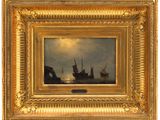 a painting of ships in a body of water under a cloudy sky