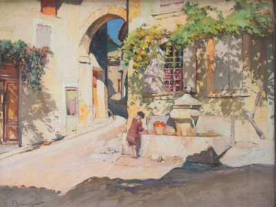 un tableau représentant un garçon et un chien dans la rue